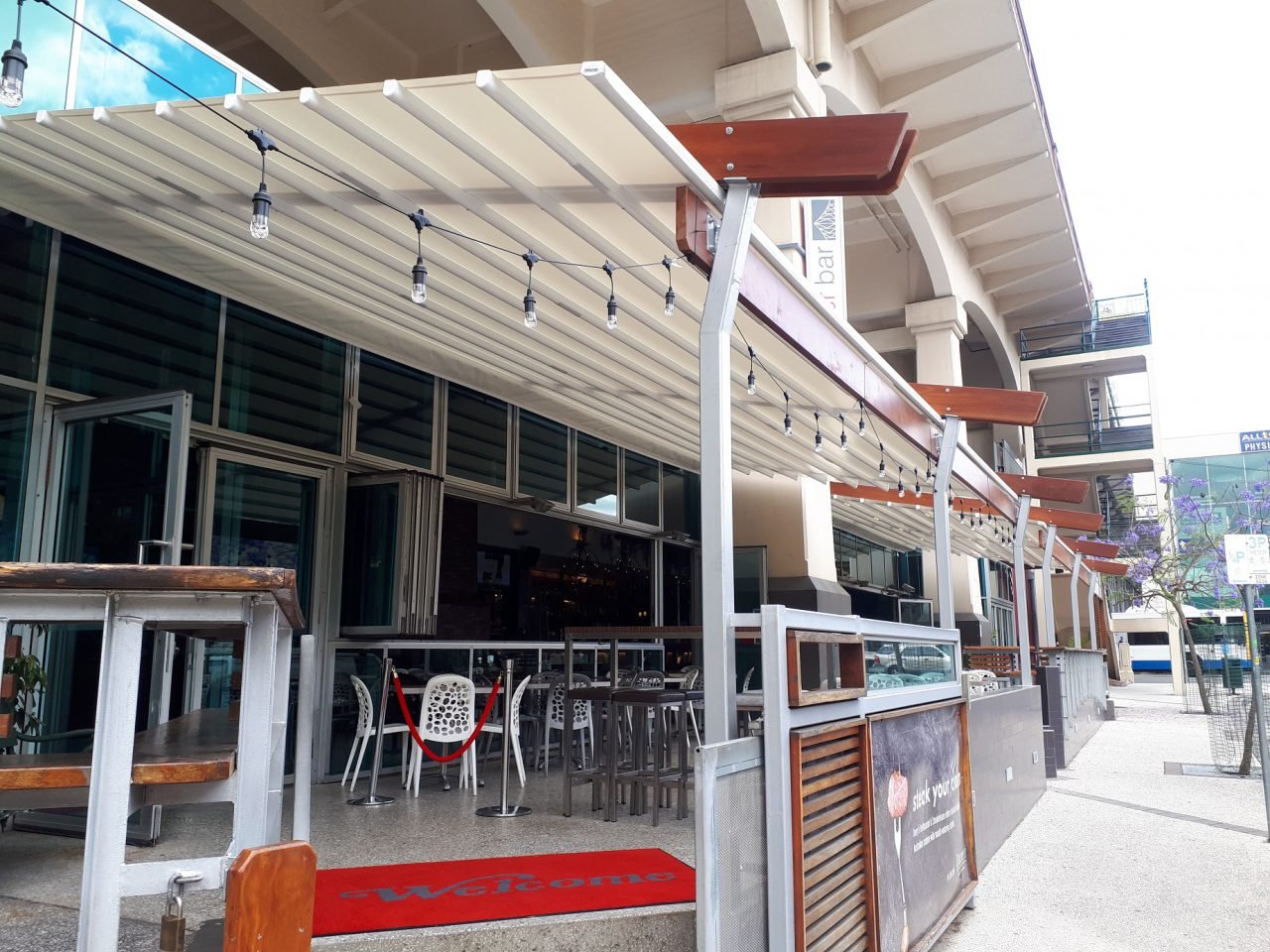 outdoor awning Motorised-Waterproof-Retractable-Louvre-Roof-System-Terrace-Pergola-LED-Lighting-Rooftop-Bar-Brisbane