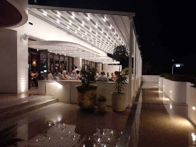 Commercial Awnings Motorised-Waterproof-Retractable-Louvre-Roof-System-Terrace-Pergola-LED-Lighting-Rooftop-Bar-Brisbane